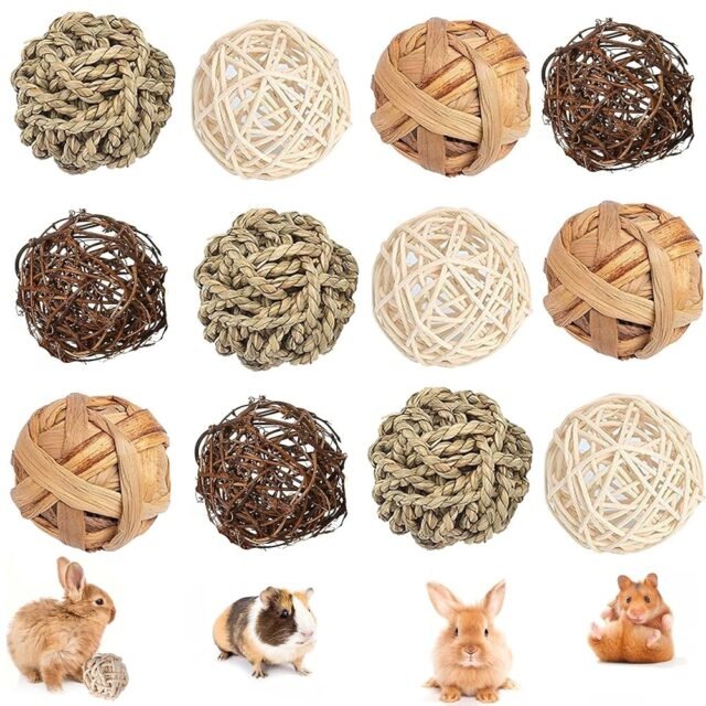 12PCS Kaubälle,Kleintiere Kauspielzeug,Kaninchen Spielzeug,Grasball,Weidenball Spielzeug für Kleintiere,Hasen Kauspielzeug,Rattan-Bälle Zahnpflege-Spielzeug,Grasspielzeug für...