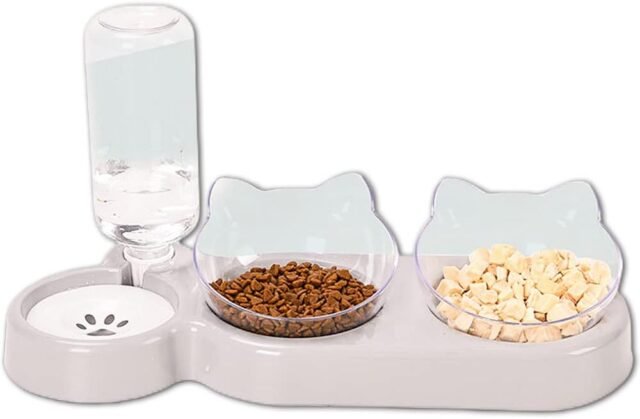 3-in-1 Katze Futternapf und Wassernapf Set, Katzennapf 3er Set, Doppel-Katzennäpfe mit Wasserspender für Haustiere, Futternapf und Wassernapf für Katzen und Kleine Hunde