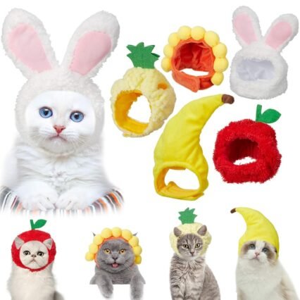 5 Stück Katze Hut Katze Kostüm Hasen Mütze mit Hasenohren Banane Sonnenblume Frucht Ananas Mütze Halloween Weihnachten Party Kostüm Kopfbedeckung für Katzen Welpen Haustier...