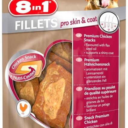 8in1 Fillets Pro Skin & Coat Hunde-Snack mit Hähnchen, funktionale Leckerlis für Hunde, aromatisiert mit Leinsamenöl, 80 g Beutel