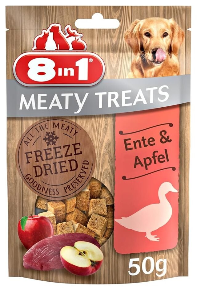 8in1 Meaty Treats, gefriergetrocknete Hunde Leckerlis mit Ente & Apfel, getreidefrei und ohne Zucker, 50 g Beutel