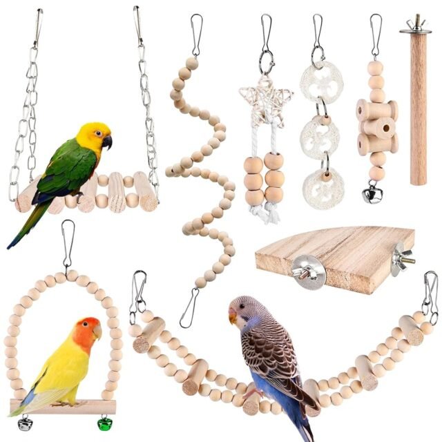 9 Stück Vogelspielzeug - Papageienspielzeug, Vogelkäfig Schaukelspielzeug, Kauspielzeug Vögel Spielzeug, Vogelkäfig Zubehör, Holz Sitzstangen Plattform für...