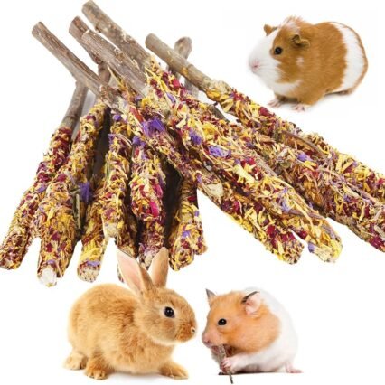 Abizoo Kaninchen kauspielzeug Set 18 Stück,Apfelstäbchen natürlichen Rose Ringelblume für Hasen, Hamster,Meerschweinchen,Chinchilla leckerli, Zahnpflege Molar Spielzeug Rabbit...