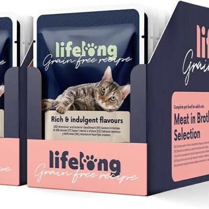 Amazon-Marke: Lifelong Getreidefreies Nassfutter für ausgewachsene Katzen Fleischauswahl in Brühe, 4.76 kg, 56 Packungen mit 85g