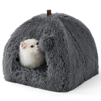 BEDSURE Katzenbett große Katzen Katzenhöhle- 40x40x40 cm Plüsch Katzenhaus Indoor mit abnehmbarem Katzenkissen und hängendem Spielzeug, Katzen Bettchen waschbar, dunkelgrau