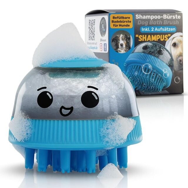 BluePet Befüllbare Badebürste für Hundeshampoo I Einmassieren von Shampoo & anregende Massage I Entferne Schmutz & Loses Fell I Inkl. 2X Aufsätze (Weich + Fest) für alle Rassen...