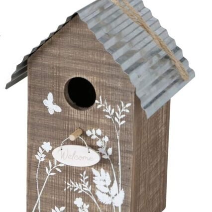 CasaJame Holz Vogelhaus für Balkon und Garten, Nistkasten, Haus für Vögel, Vogelhäuschen, Natur braun mit weißer floralen Bemalung Zinkdach und Schild Welcome 15x12x22cm