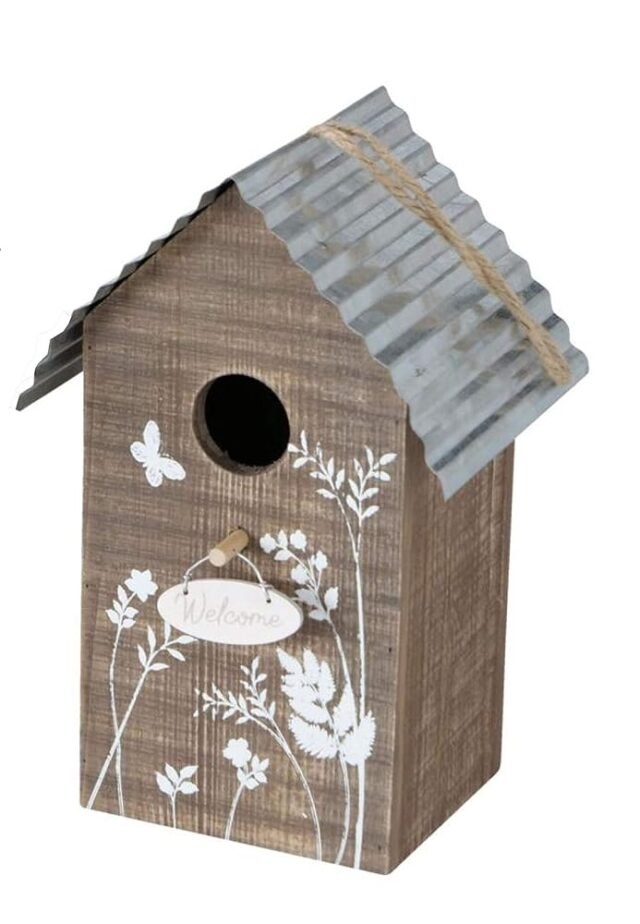 CasaJame Holz Vogelhaus für Balkon und Garten, Nistkasten, Haus für Vögel, Vogelhäuschen, Natur braun mit weißer floralen Bemalung Zinkdach und Schild Welcome 15x12x22cm