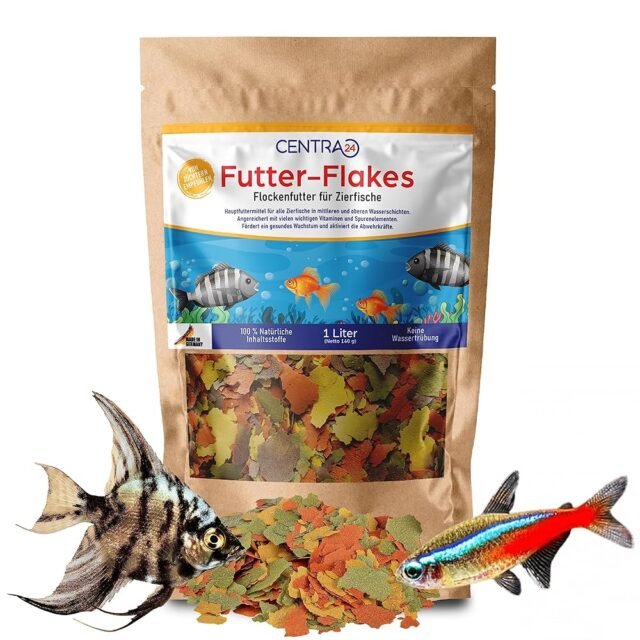 Centra24 Premium Fischfutter 1L, Futter-Flakes, Flocken - Hauptfuttermittel für alle Zierfische mit Vitaminen ohne Konservierungsstoffe, Aquarium, Süßwasserfisch