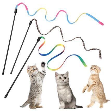 cobee 3 Packungen Katzen Zauberstab Spielzeug Set, 30 cm Interaktiver Katzen Zauberstab mit 60 cm Regenbogenbandschnur + Regenbogen Stoffschnur + Leopardenmuster Stoffschnur