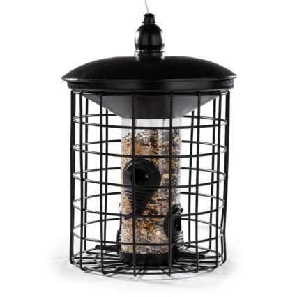 Cult at Home Vogel Futterhaus – Futtersäule mit Schutzkäfig – Vogelhaus taubensicher für kleine Vögel Wildvögel – Vogelfutterhaus zum Aufhängen – Metall Schwarz Höhe 29 cm