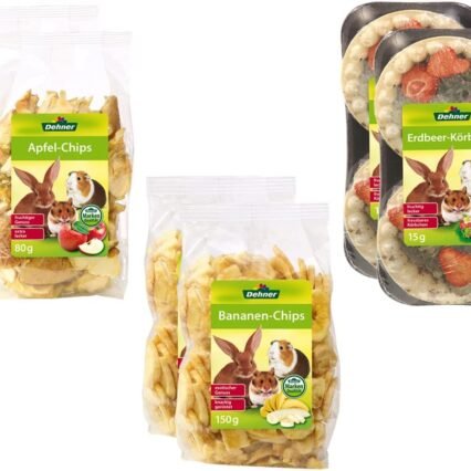 Dehner Lieblinge Nagersnack, Nagerfutter 100 % natürlich, Obst Mix, je 2 x Apfel-Chips (160 g), Bananen-Chips (300 g) und Erdbeer-Körbchen (30 g) (490 g)