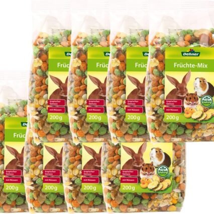 Dehner Nagersnack, Nagerfutter vitaminreich / mineralstoffreich, für Kaninchen / Nagetiere, Früchte-Mix mit Nüssen, 8 x 200 g (1.6 kg)