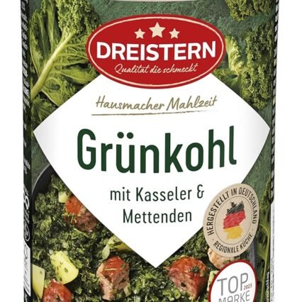 DREISTERN Grünkohl mit Kasseler und Mettenden 400 g I leckeres Fertiggericht mit Gemüse in der praktischen recycelbaren Konserve I Kombination Kasseler& Mettenden