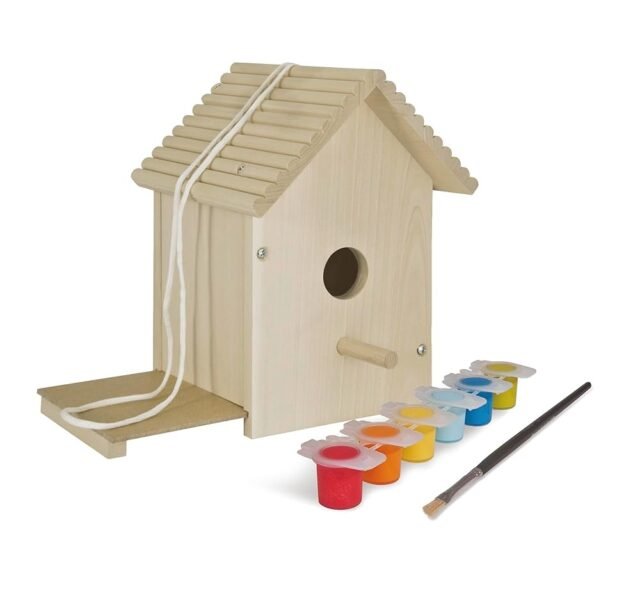 Eichhorn 100004581 Outdoor Vogelhaus aus Holz, zum Zusammenbauen und Bemalen, Inkl. Pinsel und Farben, 14x14x24cm Lindenholz, DIY