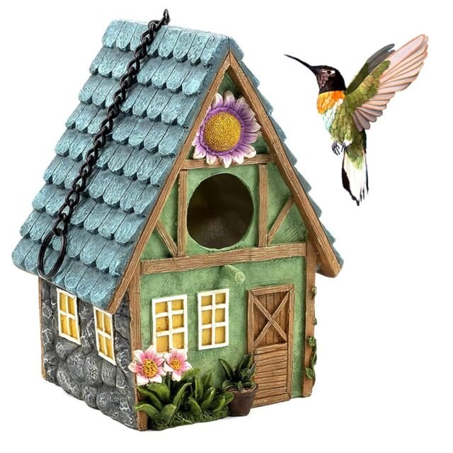 FIYSON Holz Vogelhaus Nistkasten 21 x 15 x 13cm Garten Vogelhaus mit dekorativem Holzdach,Haus für Vögel, Vogelhäuschen für Balkon und Garten,Kunst hängendes Vogelhaus Garten Deko