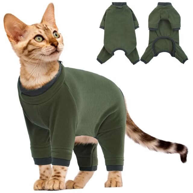 Fleece Katzenpullover, Katze Mantel Weiche Warm Winter Kleidung Katzen-Pyjama Overall Rollkragen Kaltwettermäntel Herbst und Winter Kätzchenkleidung(ArmeeGrün, M)