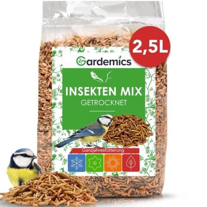 Gardemics Premium Insektenmix 2,5 Liter - 500g - Mit Mehlwürmer getrocknet, Soldatenfliegenlarven getrocknet & Gamarus für Vögel - Vogelfutter, Igelfutter, Insektenfutter für...