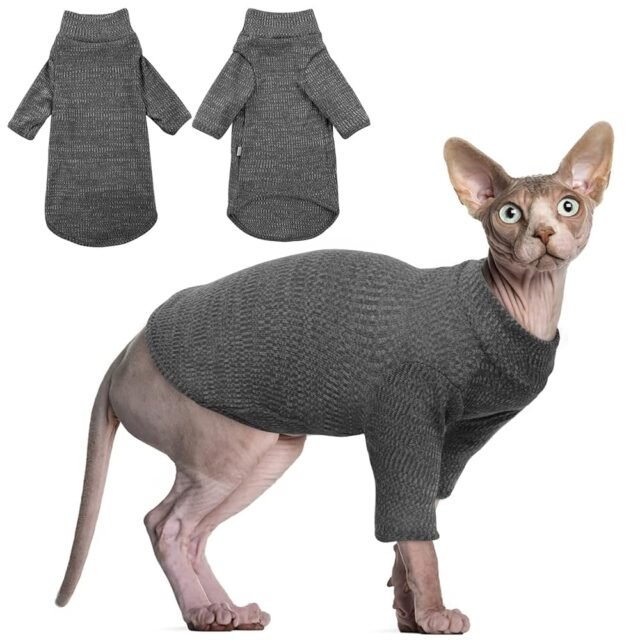 Haarlose Katzen-Weste Rollkragenpullover, atmungsaktiv, entzückende Katzenbekleidung, Pullover Kätzchen-T-Shirts mit Ärmeln, Katzen-Pyjama Jumpsuit für Sphynx, Cornish Rex,...