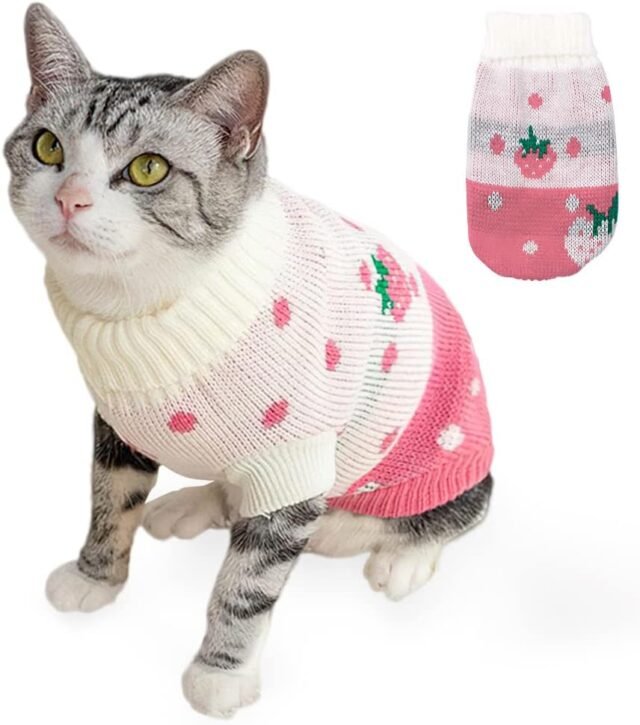 Hillylolly Katzen Kleidung Winter Haustier Pullover Katze, Pullover für Katzen Warm, Katzen Kleidung süß, Strickpullover für Katzen, Katzen Kleidung rosa, Erdbeer Pullover,...