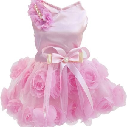 Hundekleid Luxus Welpenrock Hundekleidung Prinzessin Kleider Hochzeitsabendkleid Tutu Rock Rose Blume Bowknot Kleid für Kleine Hundemädchen Pink L