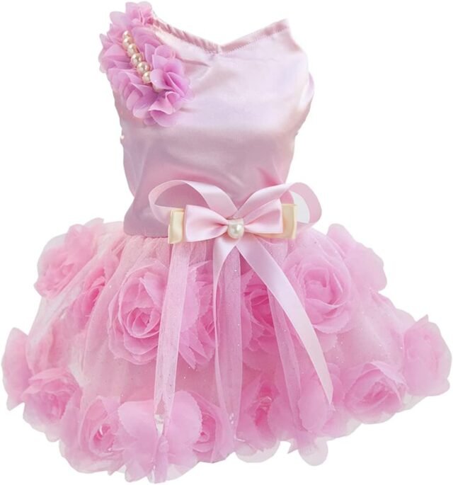 Hundekleid Luxus Welpenrock Hundekleidung Prinzessin Kleider Hochzeitsabendkleid Tutu Rock Rose Blume Bowknot Kleid für Kleine Hundemädchen Pink L