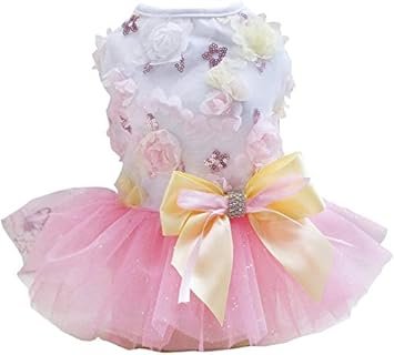 Hundekleid Welpenrock Hundeprinzessin Kleider Ballett Tutu Blume Hochzeit Spitze Kleid Luxus Bogen Kleid für kleine Hundemädchen (L, Pink)