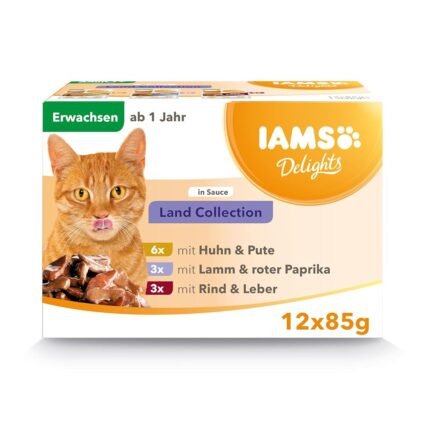 Iams Delights Land Collection Katzenfutter Nass - Multipack mit Fleisch Sorten (Lamm, Rind, Huhn & Pute) in Sauce, Nassfutter für Katzen ab 1 Jahr, 12 x 85g