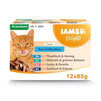 IAMS Delights Sea Collection Katzenfutter Nass - Multipack mit Fisch Sorten (Lachs, Thunfisch, Makrele, Seefisch) in Gelee, Nassfutter für Katzen ab 1 Jahr, 12 x 85g