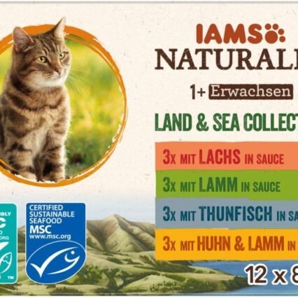 IAMS Naturally Katzenfutter Nass in Sauce - hochwertiges Nassfutter mit Fleisch und Fisch für erwachsene Katzen, Land & Sea Collection, 12 x 85 g