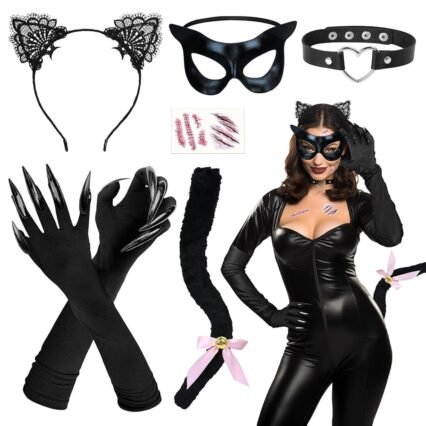 iZoeL Halloween Katzenkostüm Damen Mädchen, Katzenohren Haarreif Halskette Katze Schwanz Katzemask Handschuhe Katze Kostüm Accessorie, Halloween Karneval Fasching Mottoparty...