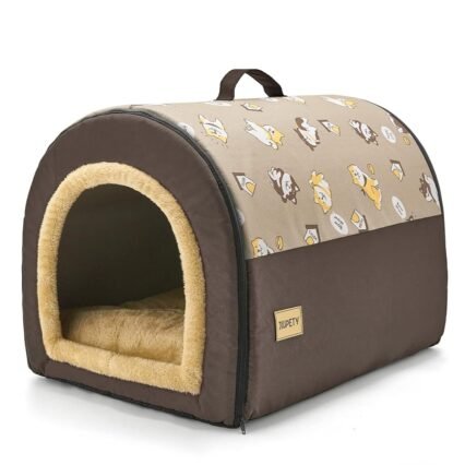 Jiupety Hundehütte gemütlich, 2-in-1 kleine Hundehütte, Größe L für kleine mittelgroße Hunde, Bequeme Höhle, tragbares Haus für Hunde, Braun