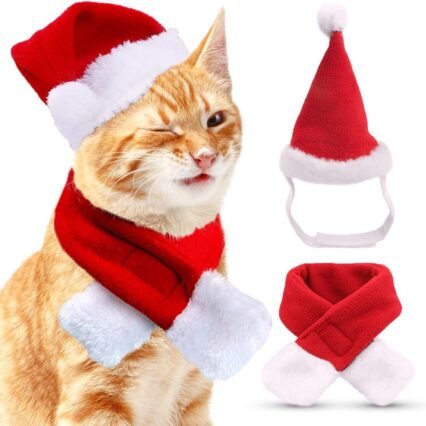 Katzen Hunde Weihnachtskostüm, Haustier Kostüm Weihnachten Kleidung Weihnachtsmütze und Schal für Klein Hund Katze, Rot Katzenbekleidung Hundebekleidung Lustig Mütze Deko...