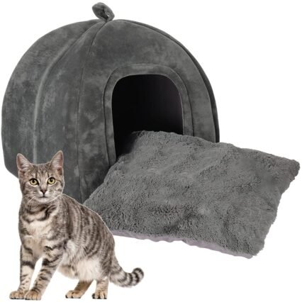 KEEPREAPER Katzenhöhle große Katzen XL, Katzenbett kuschelhöhle flauschig waschbar, Katzenkorb zum schlafen mit Katzenkissen, Katzenhaus klappbar mit Handle, 42x42x45cm...