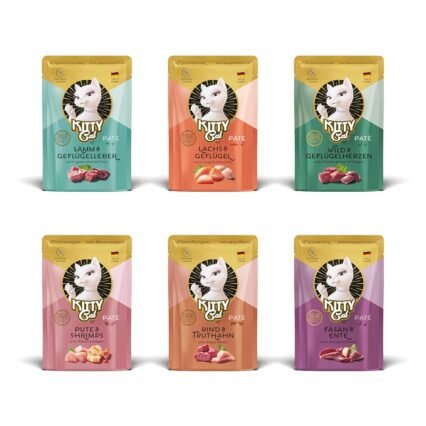 KITTY Cat Paté Mix 2, 6 x 85 g, Nassfutter für Katzen im Probierpaket, getreidefreies Katzenfutter mit Taurin, Lachsöl und Grünlippmuschel, Alleinfuttermittel mit hohem...