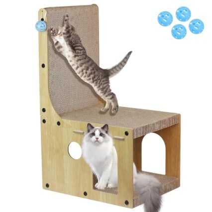 Kratzbrett Katzen Kratzpappe mit Katzenhaus Pappe - 65 cm hohe L förmige Kratzpad Lounge Wellpappe Katzenbaum Haus mit 4 Ballspielzeug Katzenkratzbrett Katzenhöhle für Indoor...