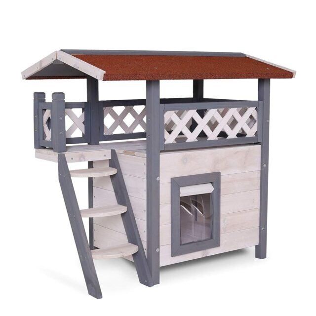 lionto Katzenhaus mit Terrasse und Treppe, Outdoor Lodge für Katzen aus robustem Holz bietet Schutz vor Witterung, 77x50x73 cm, PVC-Lamellen schützen vor Wind, Montageanleitung...