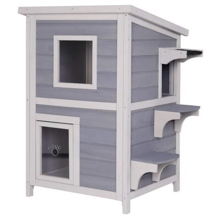 lionto Outdoor Katzenhaus zum Spielen und Ausruhen, Holzhaus für Katzen mit wetterfestem Bitumendach, 56x52x82 cm, Fenster und 3 Zugängen, robuste Katzenhütte mit...