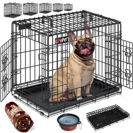 LOVPET® Hundekäfig klappbar Hundetransportkäfig Inkl. Fleecedecke + Napf Hundebox mit 2 Türen Transportkäfig Auto, Tiertransportbox Hundetransportbox mit Bodenschale 63 x 44 x...