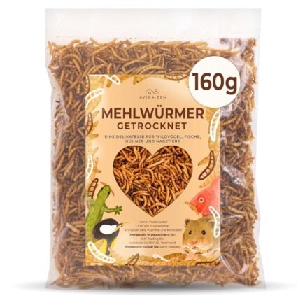 Mehlwürmer getrocknet 1 ltr. = 160g, ideal als Wildvogelfutter und Igelfutter, getrocknete Mehlwürmer, nährstoffreicher Snack für Nager, Reptilien, Vögel, Fische, Igel,...