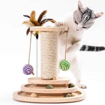 MEWOOFUN Katzenspielzeug aus Holz Roller 2-lagiger Drehteller Interaktives Katzen Spielzeug mit Federn, 3-in-1 Kitten Spielzeug interaktiven Bällen und hängenden Bällen und...