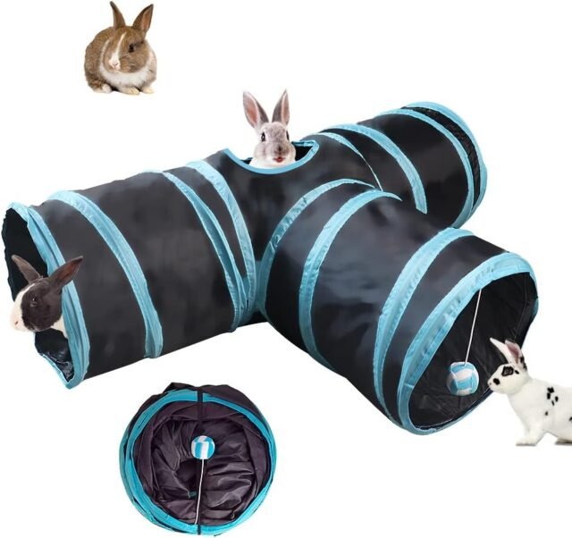 NANEEZOO Bunny Tunnel 3-Wege-Falttunnel für Kaninchenversteck, Kleintier-Aktivitätsrohr, Spielzeug für Zwergkaninchen, Meerschweinchen, Chinchilla, Frettchen und Kätzchen (Blau)