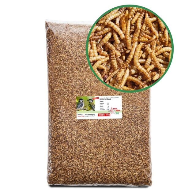 Paul´s Mühle Mehlwürmer getrocknet, Proteinreiche Würmer für Igel, Hamster, Teichfische und Vögel, 1 kg