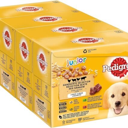 Pedigree Junior Hundenassfutter Vital Protection für Welpen, 48 Portionsbeutel, 12x100g (4er Pack) – Hundefutter nass, in 4 Varietäten in Gelee mit Huhn, Rind, Geflügel, Lamm