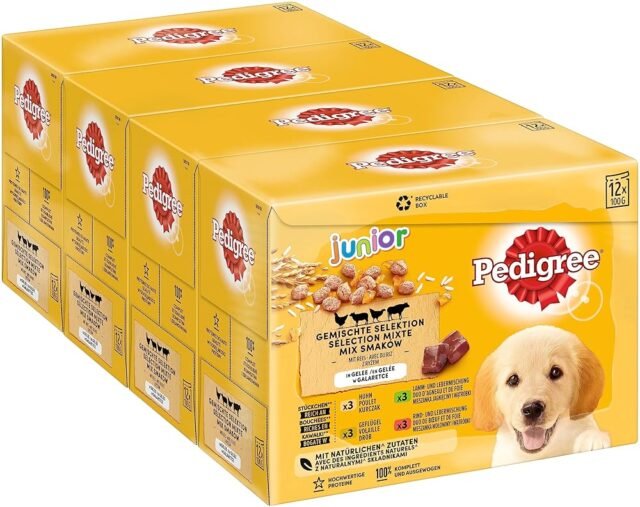 Pedigree Junior Hundenassfutter Vital Protection für Welpen, 48 Portionsbeutel, 12x100g (4er Pack) – Hundefutter nass, in 4 Varietäten in Gelee mit Huhn, Rind, Geflügel, Lamm