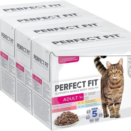 Perfect Fit Adult 1+ Katzennassfutter Auswahl mit Lachs, Hochseefisch, Rind und Huhn, 48 Portionsbeutel, 12x85g (4er Pack) – Premium Katzenfutter nass, für erwachsene Katzen ab...