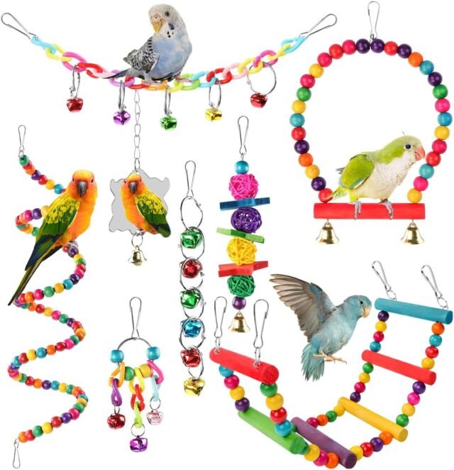 Pethee 8 Stück Vogelspielzeug für Wellensittiche Kauspielzeug für Papageien Vogelschaukel Glocken Schaukelspielzeug aus Holz für Conures Liebesvögel Nymphensittiche kleine...