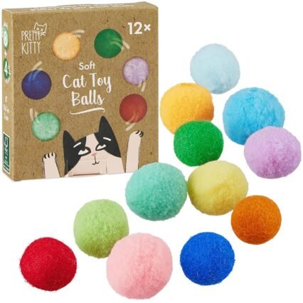 PRETTY KITTY Katzenspielzeug Bälle: Spielzeug für Katzen – 12x Bunte Bälle in verschiedenen Größen – Katzenspielzeug Selbstbeschäftigung – 8X Plüsch und 4X Filzbälle Katzen –...