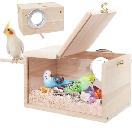 RANYPET Wellensittich Nistkasten Transparentes Design, Vogelnest Brutkasten mit Sitzstange Holz Vogelkäfig Haus für Unzertrennliche Wellensittiche Fink