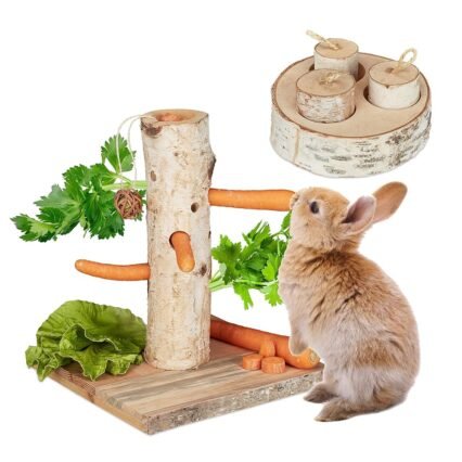 Relaxdays Kaninchen Spielzeug, 2tlg. Set, Nagerbaum & Intelligenzspielzeug, Holz, Zubehör Meerschweinchen, Hasen, Natur